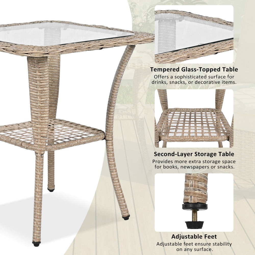 3-Piece Outdoor Chair & Table Set - 2 Swivel and Rocking Arm Accent Chairs & Glass Side Table for Garden & Patio & Balcony & Outdoor Poolside