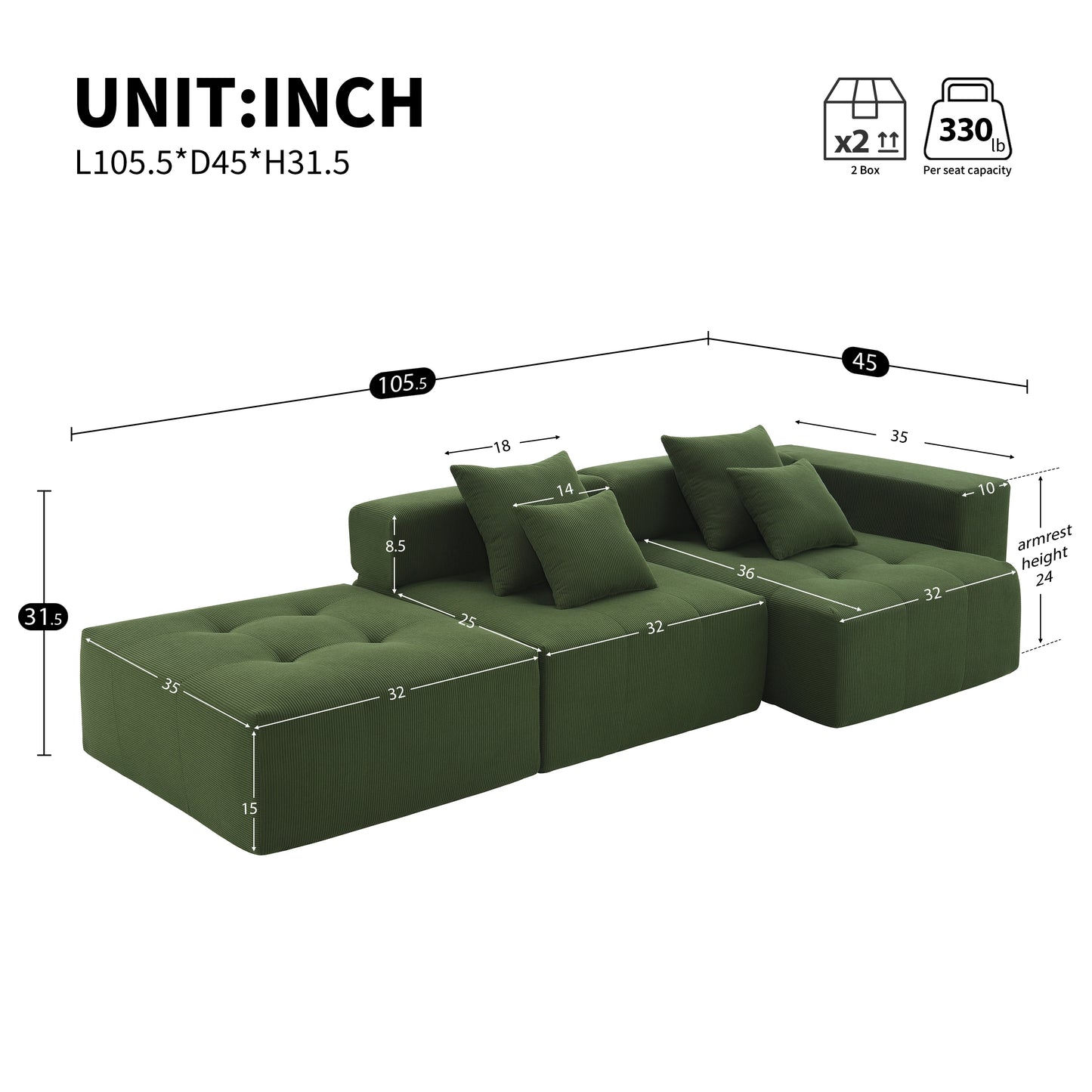 105.5" Modular Sectional Sofa - L Shaped Wrinkle-Resistant Couch - Wide & Deep Seat Couches for Living Room & Bedroom & Gaming Room