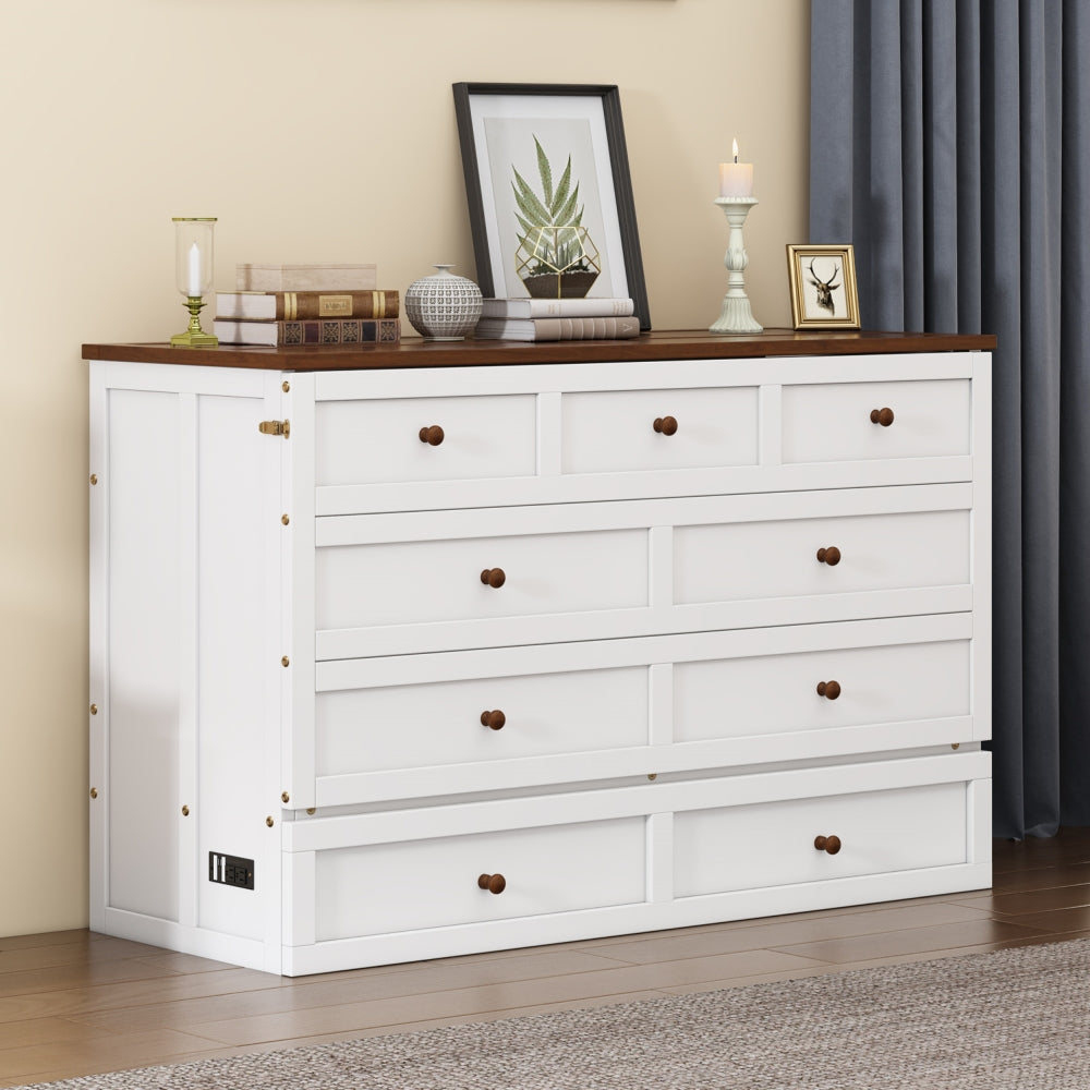 Full Size Solid Pine Murphy Bed Chest with Charging Station & Large Storage Drawer for Home Office & Small Room & Dorm & Bedroom