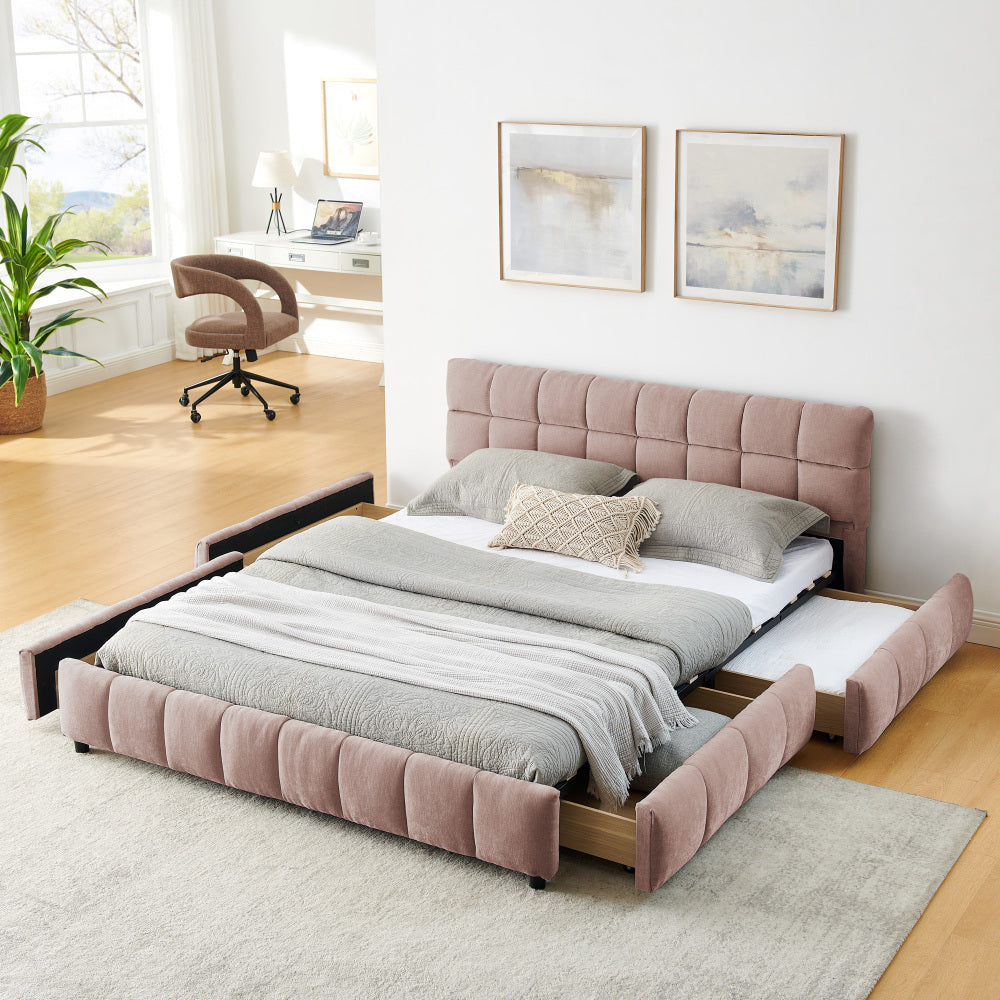 Queen Size Upholstered Bed Frame - Comfortable Chenille Fabric with Headboard Solid Bed Frame - with Drawer Storage