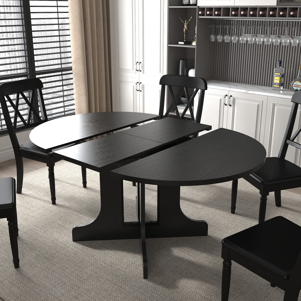 59x43" Farmhouse Dining Table - Expandable Round to Oval Table Top with Removable Leaf Trestle X Shaped Base for Kitchen & Dinning Room