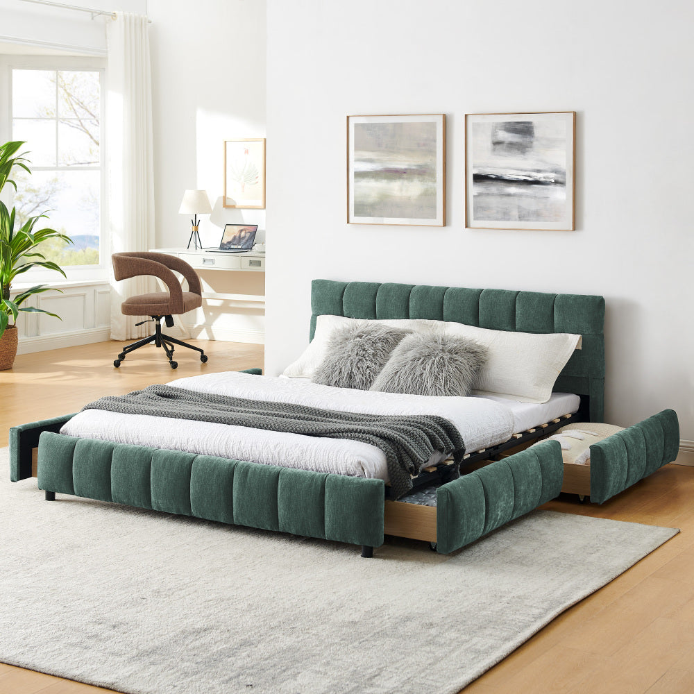 Queen Size Upholstered Bed Frame - Comfortable Chenille Fabric with Headboard Solid Bed Frame - with Drawer Storage