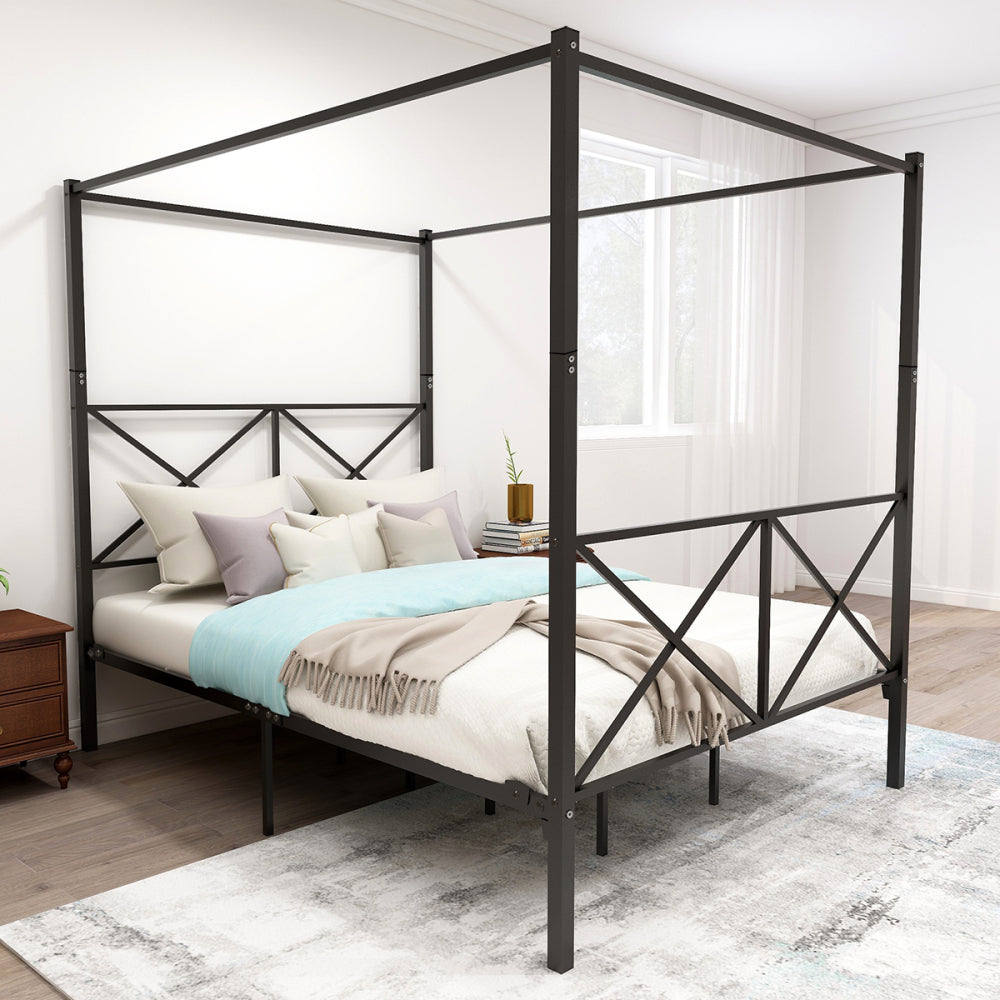 Queen Size Metal Canopy Bed Frame - Platform Bed Frame with 4 Posters in Black - Built-in Headboard Strong Metal Slat Mattress Support