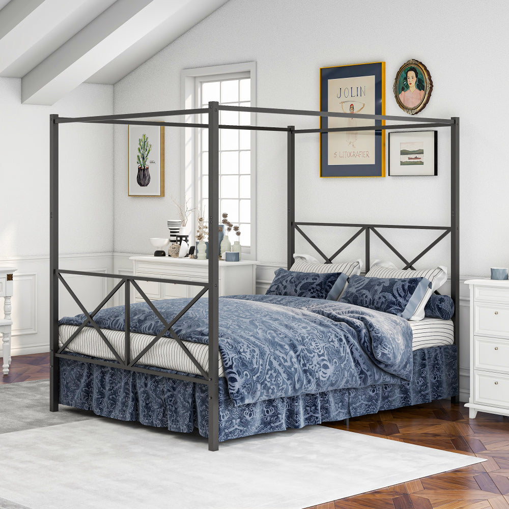 Queen Size Metal Canopy Bed Frame - Platform Bed Frame with 4 Posters in Black - Built-in Headboard Strong Metal Slat Mattress Support