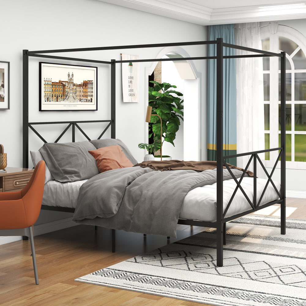 Queen Size Metal Canopy Bed Frame - Platform Bed Frame with 4 Posters in Black - Built-in Headboard Strong Metal Slat Mattress Support