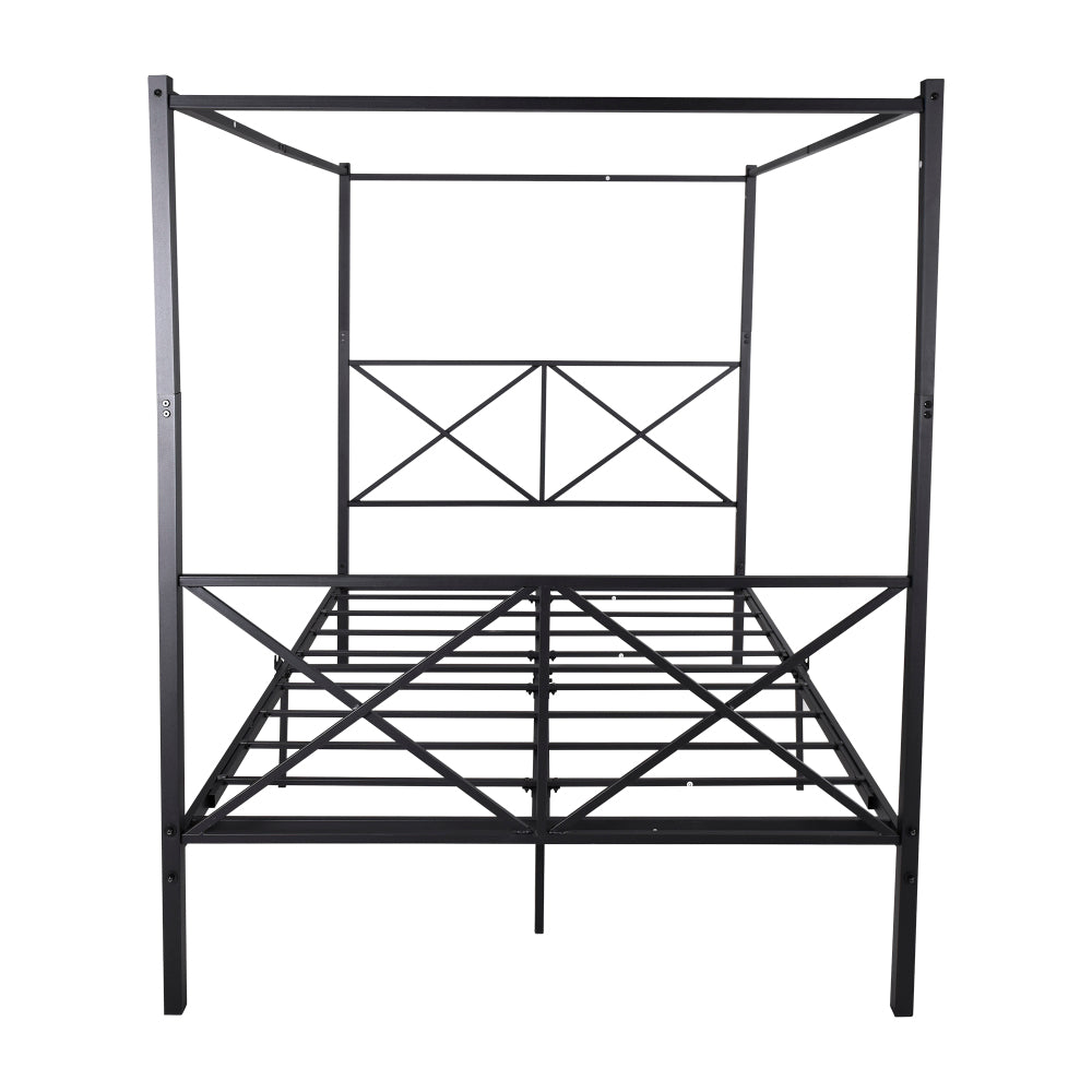 Queen Size Metal Canopy Bed Frame - Platform Bed Frame with 4 Posters in Black - Built-in Headboard Strong Metal Slat Mattress Support