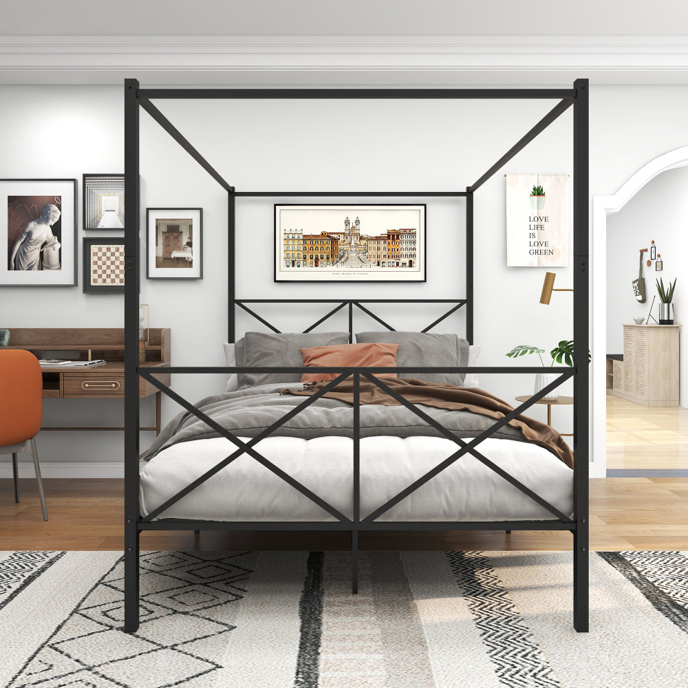 Queen Size Metal Canopy Bed Frame - Platform Bed Frame with 4 Posters in Black - Built-in Headboard Strong Metal Slat Mattress Support