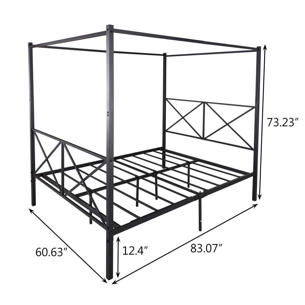 Queen Size Metal Canopy Bed Frame - Platform Bed Frame with 4 Posters in Black - Built-in Headboard Strong Metal Slat Mattress Support