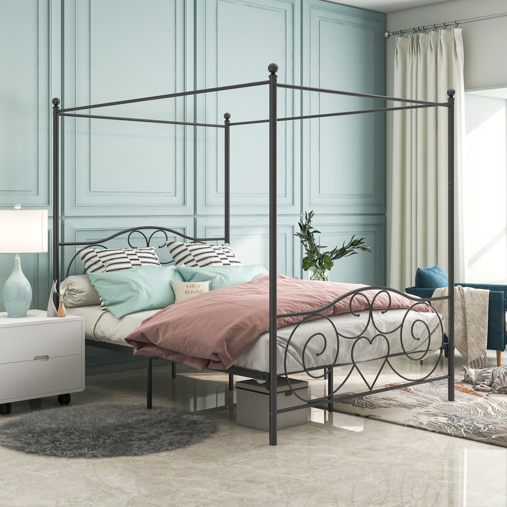Queen Size Metal Canopy Bed Frame - Platform Bed Frame with 4 Posters in Black - Built-in Headboard Strong Metal Slat Mattress Support