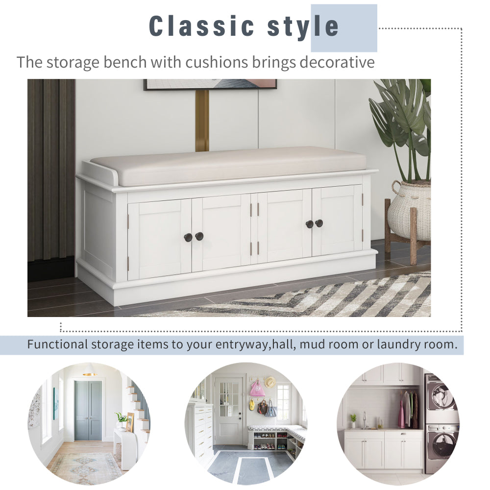 42" Storage Bench with 4 Doors and Adjustable Shelves - Shoe Bench with Removable Cushion & Storage for Living Room & Entryway