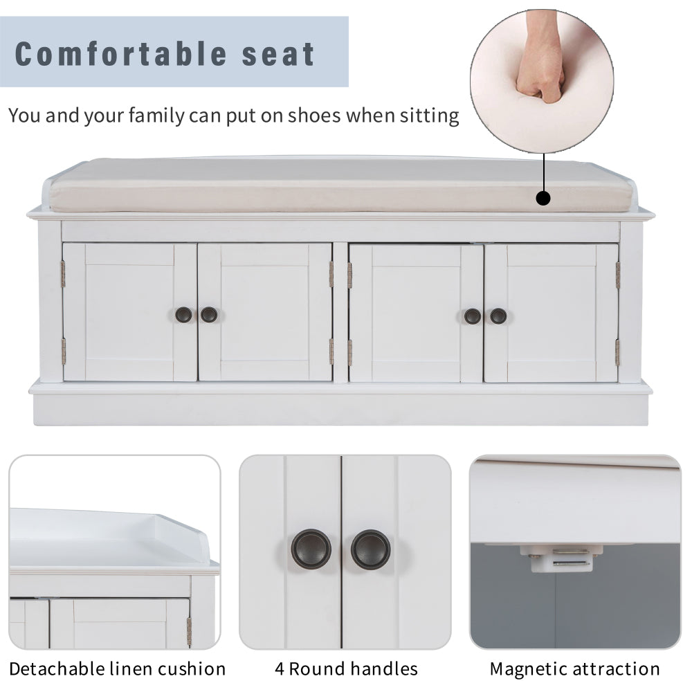 42" Storage Bench with 4 Doors and Adjustable Shelves - Shoe Bench with Removable Cushion & Storage for Living Room & Entryway