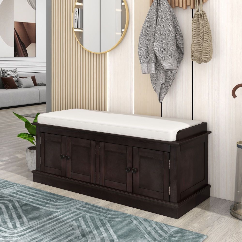 42" Storage Bench with 4 Doors and Adjustable Shelves - Shoe Bench with Removable Cushion & Storage for Living Room & Entryway