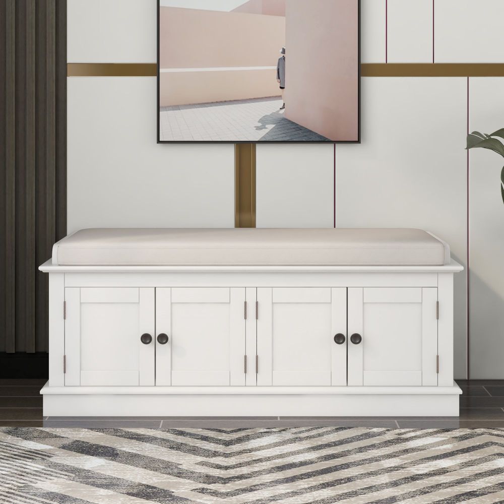 42" Storage Bench with 4 Doors and Adjustable Shelves - Shoe Bench with Removable Cushion & Storage for Living Room & Entryway