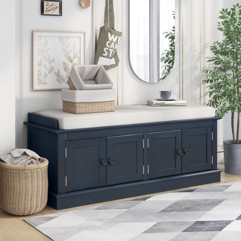 42" Storage Bench with 4 Doors and Adjustable Shelves - Shoe Bench with Removable Cushion & Storage for Living Room & Entryway