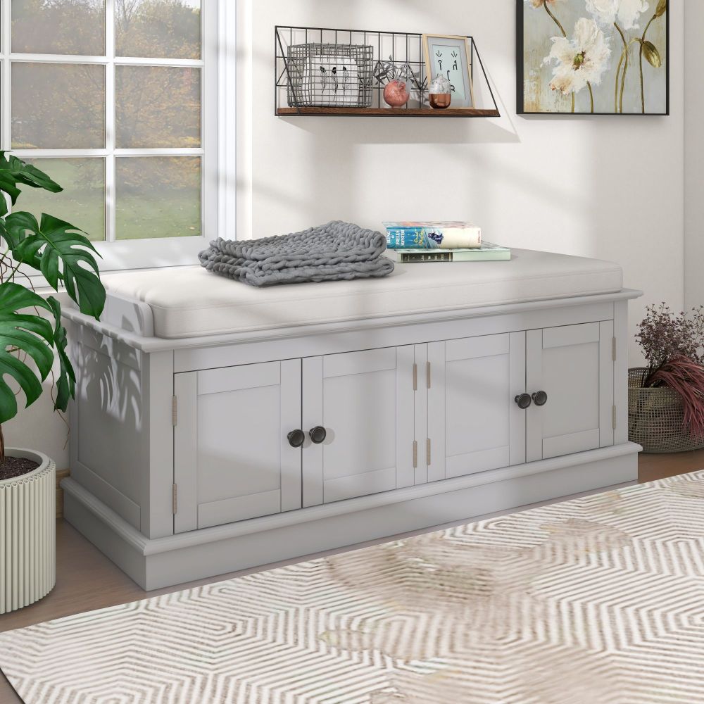 42" Storage Bench with 4 Doors and Adjustable Shelves - Shoe Bench with Removable Cushion & Storage for Living Room & Entryway