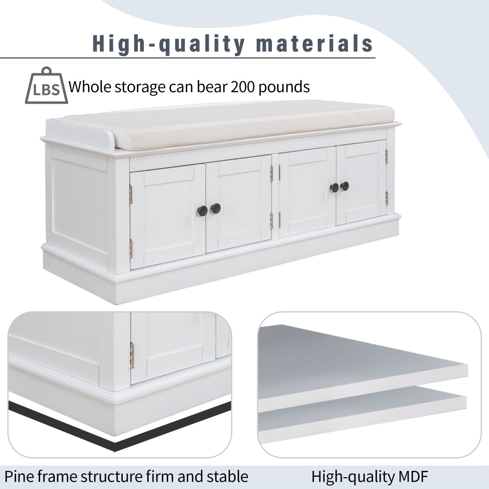42" Storage Bench with 4 Doors and Adjustable Shelves - Shoe Bench with Removable Cushion & Storage for Living Room & Entryway