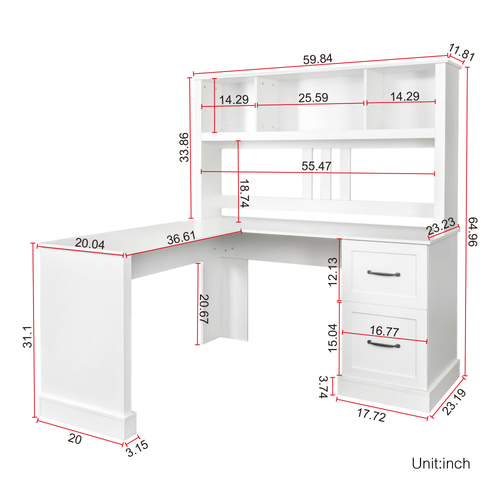 60" L Shaped Desk with Hutch - Home Office Computer Desk with Drawer Storage & Shelf - Writing Table for Living Room & Home Office