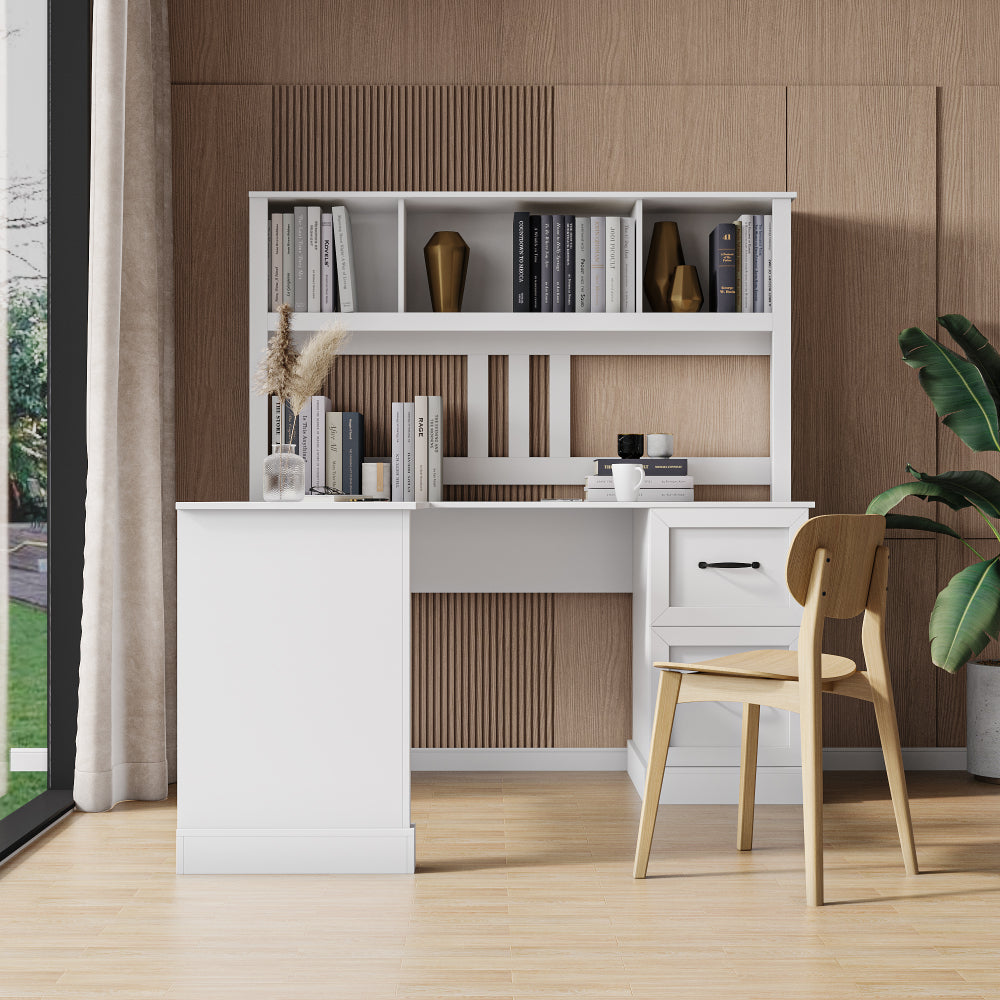 60" L Shaped Desk with Hutch - Home Office Computer Desk with Drawer Storage & Shelf - Writing Table for Living Room & Home Office