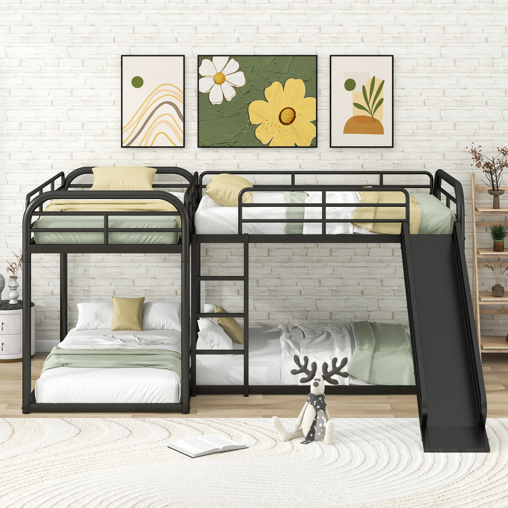Full & Twin Size L-Shaped Bunk Bed with Slide & Ladder - Heavy Duty Metal Loft Bed 4 in 1 with Guardrail - Bed Frame for Bedroom & Dorm