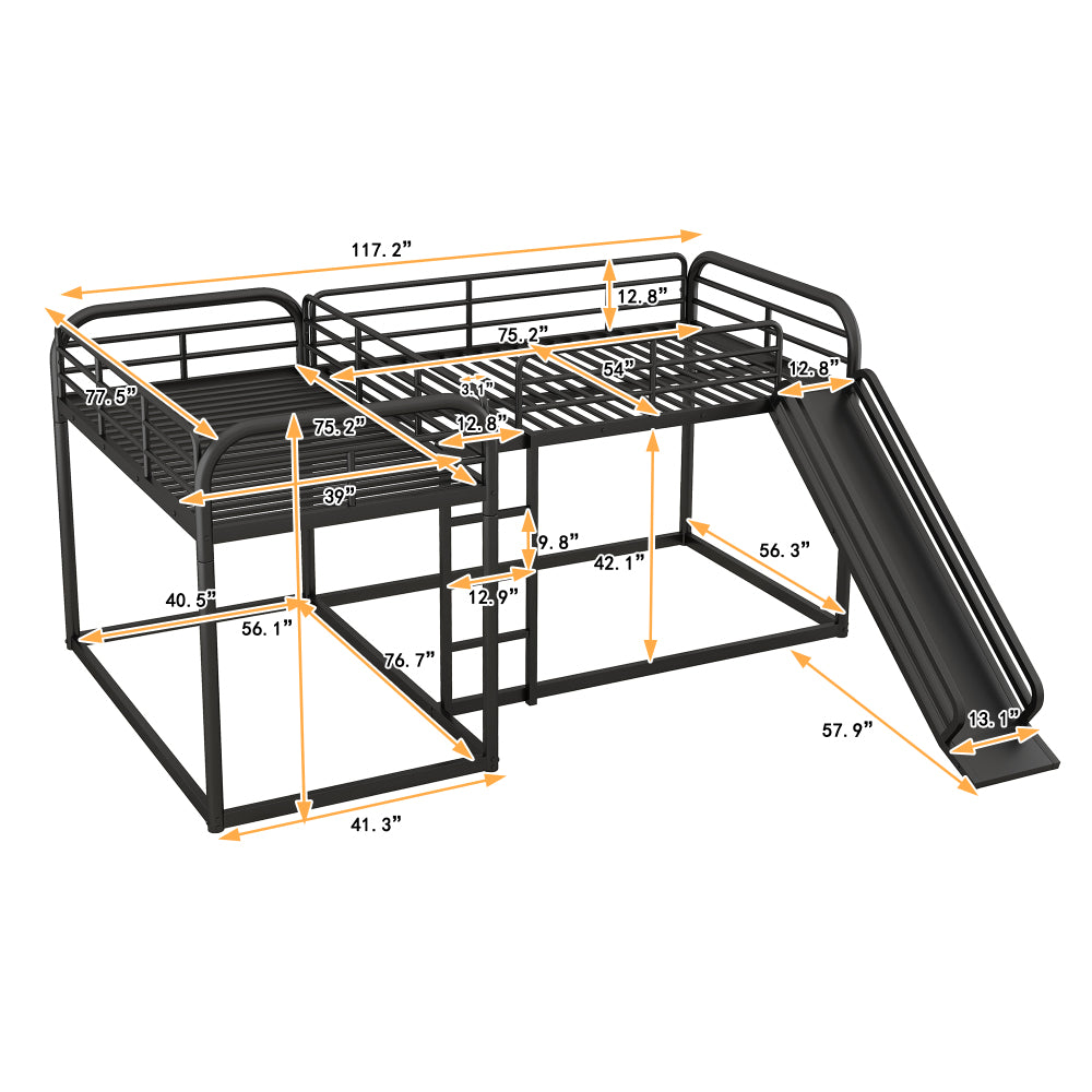 Full & Twin Size L-Shaped Bunk Bed with Slide & Ladder - Heavy Duty Metal Loft Bed 4 in 1 with Guardrail - Bed Frame for Bedroom & Dorm