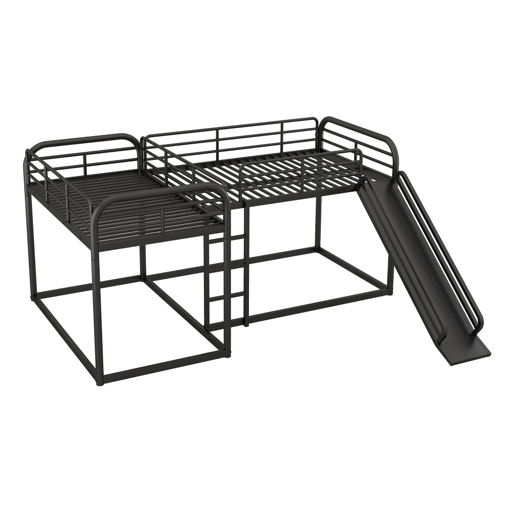Full & Twin Size L-Shaped Bunk Bed with Slide & Ladder - Heavy Duty Metal Loft Bed 4 in 1 with Guardrail - Bed Frame for Bedroom & Dorm