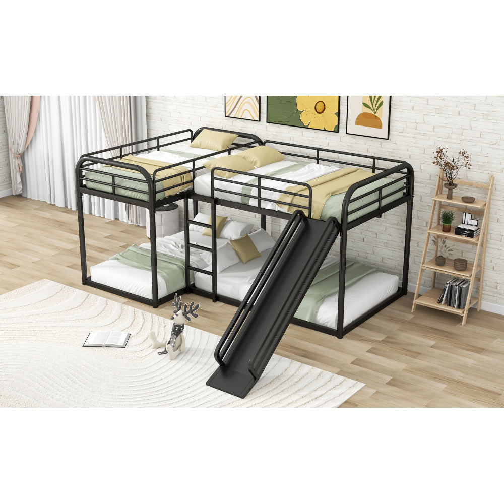 Full & Twin Size L-Shaped Bunk Bed with Slide & Ladder - Heavy Duty Metal Loft Bed 4 in 1 with Guardrail - Bed Frame for Bedroom & Dorm