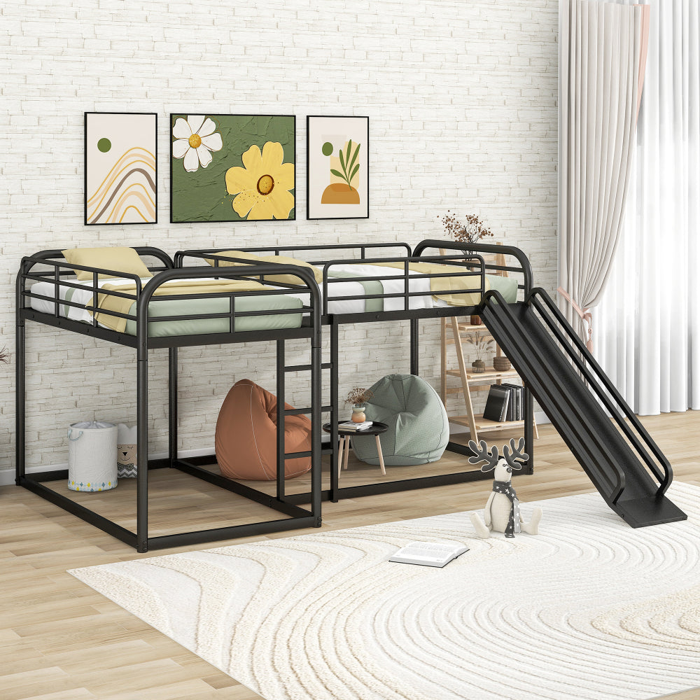 Full & Twin Size L-Shaped Bunk Bed with Slide & Ladder - Heavy Duty Metal Loft Bed 4 in 1 with Guardrail - Bed Frame for Bedroom & Dorm