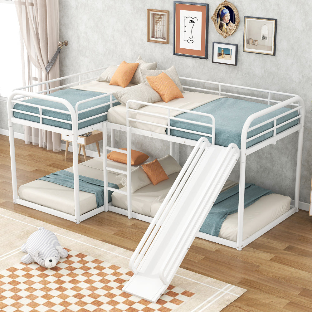 Full & Twin Size L-Shaped Bunk Bed with Slide & Ladder - Heavy Duty Metal Loft Bed 4 in 1 with Guardrail - Bed Frame for Bedroom & Dorm