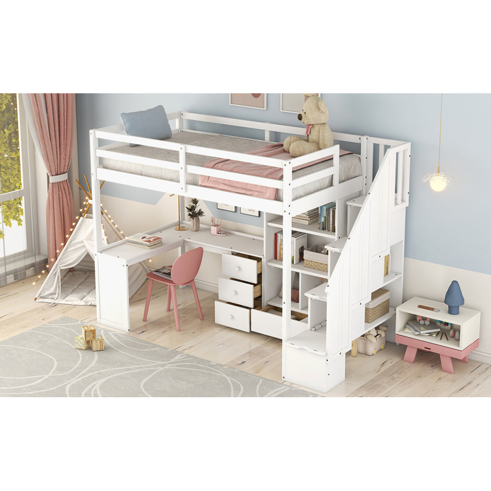 Twin Size Loft Bed with L Shaped Desk & Drawer - Support Bed Frame with Shelves/Storage Ladder & Guardrail - Small Space Saving Furniture for Bedroom & Dorm