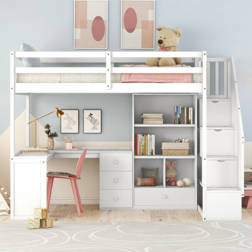 Twin Size Loft Bed with L Shaped Desk & Drawer - Support Bed Frame with Shelves/Storage Ladder & Guardrail - Small Space Saving Furniture for Bedroom & Dorm