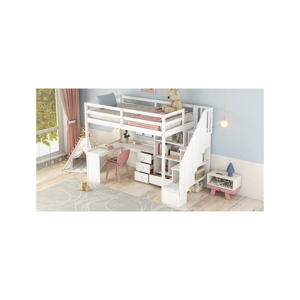 Twin Size Loft Bed with L Shaped Desk & Drawer - Support Bed Frame with Shelves/Storage Ladder & Guardrail - Small Space Saving Furniture for Bedroom & Dorm