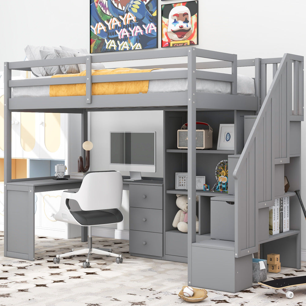 Twin Size Loft Bed with L Shaped Desk & Drawer - Support Bed Frame with Shelves/Storage Ladder & Guardrail - Small Space Saving Furniture for Bedroom & Dorm