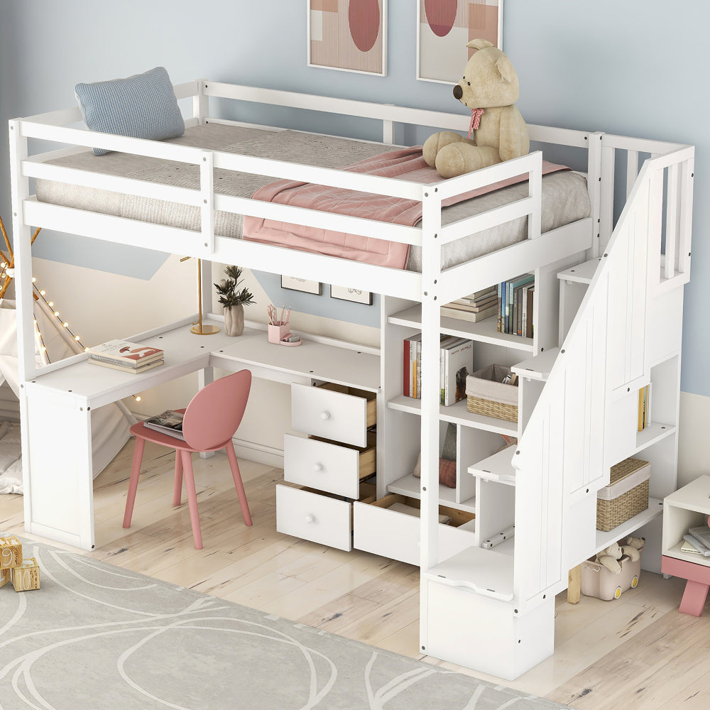 Twin Size Loft Bed with L Shaped Desk & Drawer - Support Bed Frame with Shelves/Storage Ladder & Guardrail - Small Space Saving Furniture for Bedroom & Dorm
