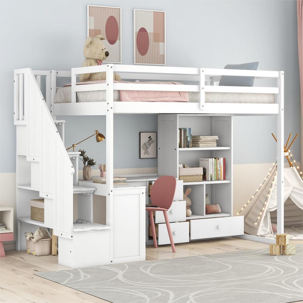 Twin Size Loft Bed with L Shaped Desk & Drawer - Support Bed Frame with Shelves/Storage Ladder & Guardrail - Small Space Saving Furniture for Bedroom & Dorm