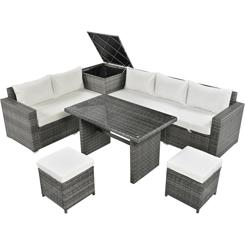 6-Piece Outdoor All Weather PE Rattan Sofa Set - Garden Patio Wicker Sectional Couch Set with Storage Box & Coffee Table - Removable Cusion and Tempered Glass Top Table for Poolside & Garden