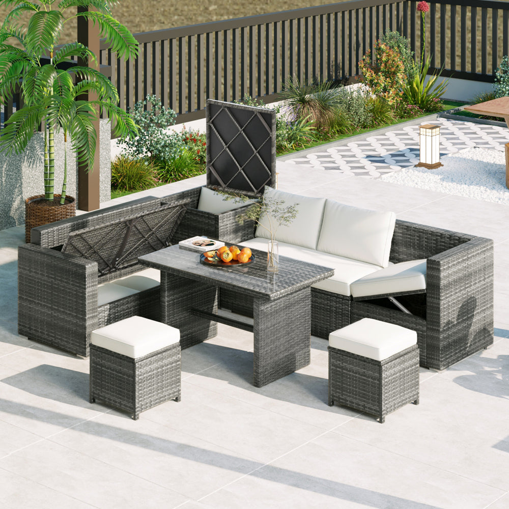 6-Piece Outdoor All Weather PE Rattan Sofa Set - Garden Patio Wicker Sectional Couch Set with Storage Box & Coffee Table - Removable Cusion and Tempered Glass Top Table for Poolside & Garden