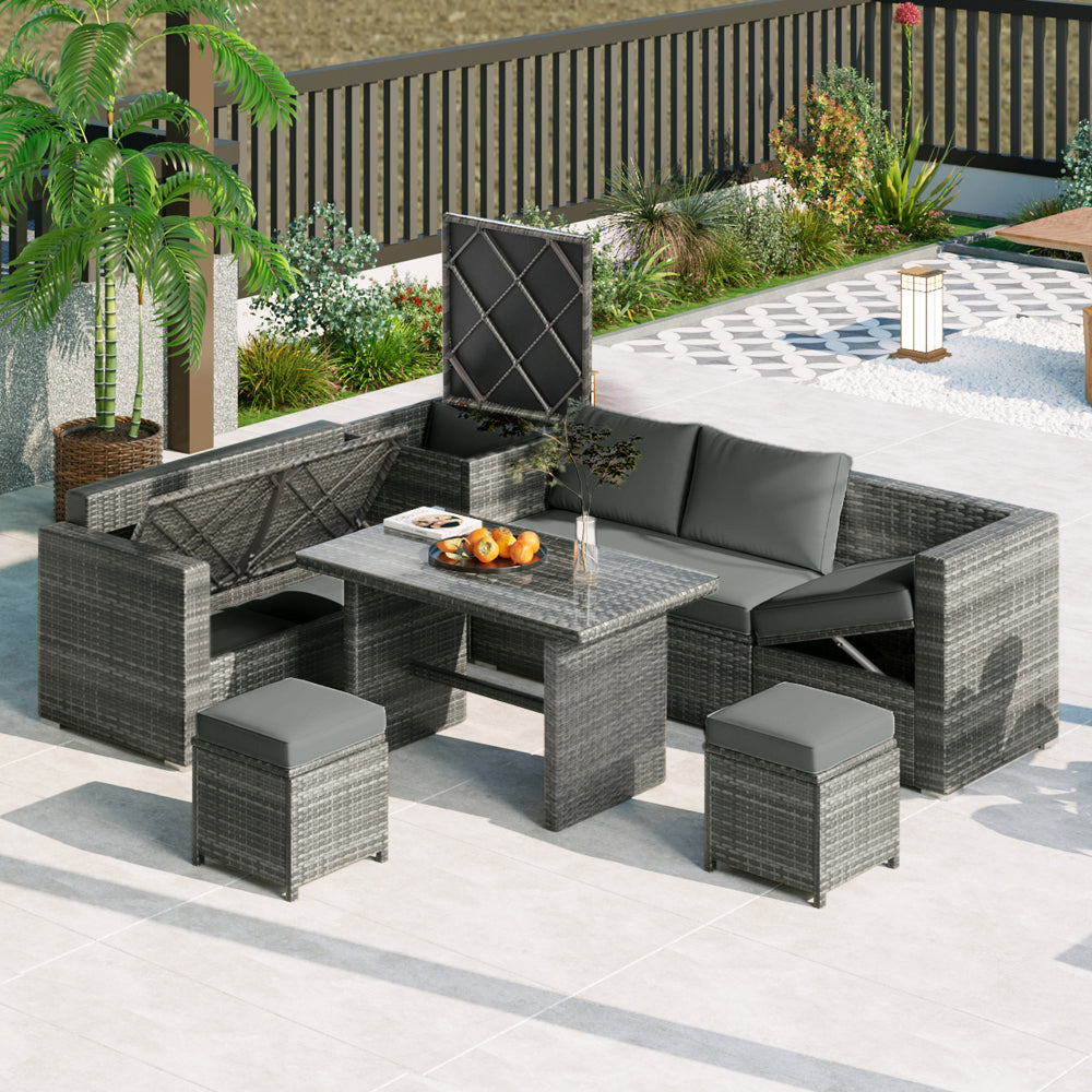6-Piece Outdoor All Weather PE Rattan Sofa Set - Garden Patio Wicker Sectional Couch Set with Storage Box & Coffee Table - Removable Cusion and Tempered Glass Top Table for Poolside & Garden