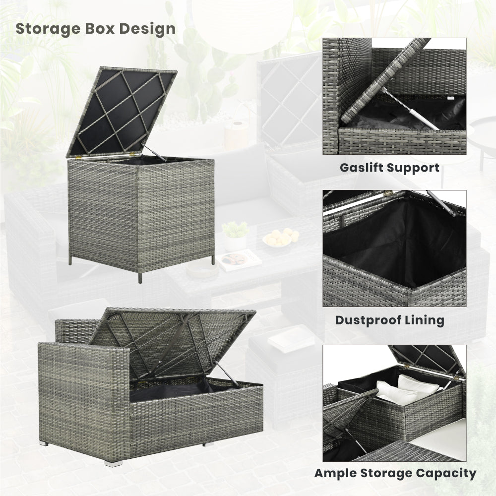 6-Piece Outdoor All Weather PE Rattan Sofa Set - Garden Patio Wicker Sectional Couch Set with Storage Box & Coffee Table - Removable Cusion and Tempered Glass Top Table for Poolside & Garden