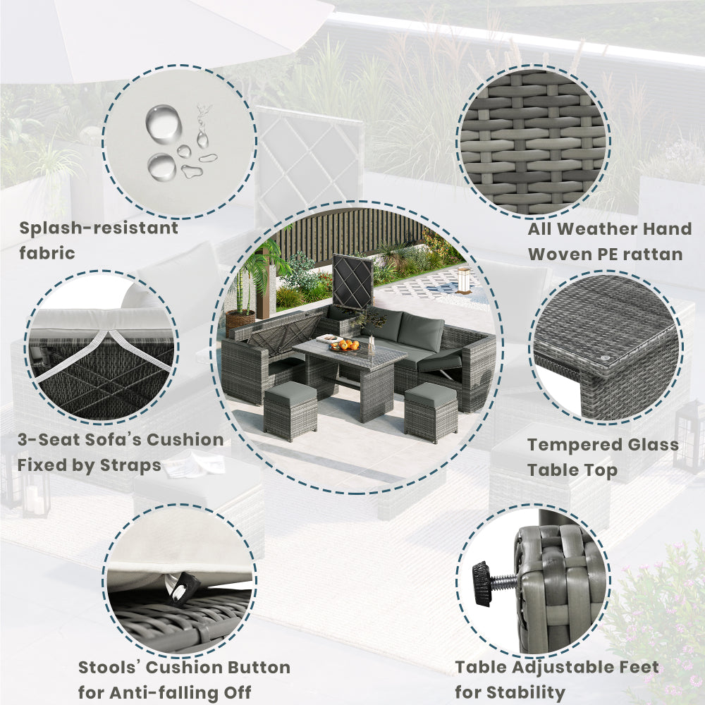 6-Piece Outdoor All Weather PE Rattan Sofa Set - Garden Patio Wicker Sectional Couch Set with Storage Box & Coffee Table - Removable Cusion and Tempered Glass Top Table for Poolside & Garden
