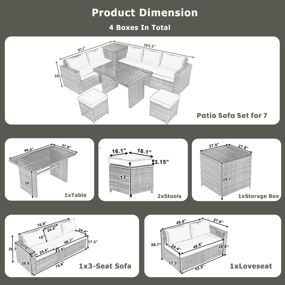 6-Piece Outdoor All Weather PE Rattan Sofa Set - Garden Patio Wicker Sectional Couch Set with Storage Box & Coffee Table - Removable Cusion and Tempered Glass Top Table for Poolside & Garden