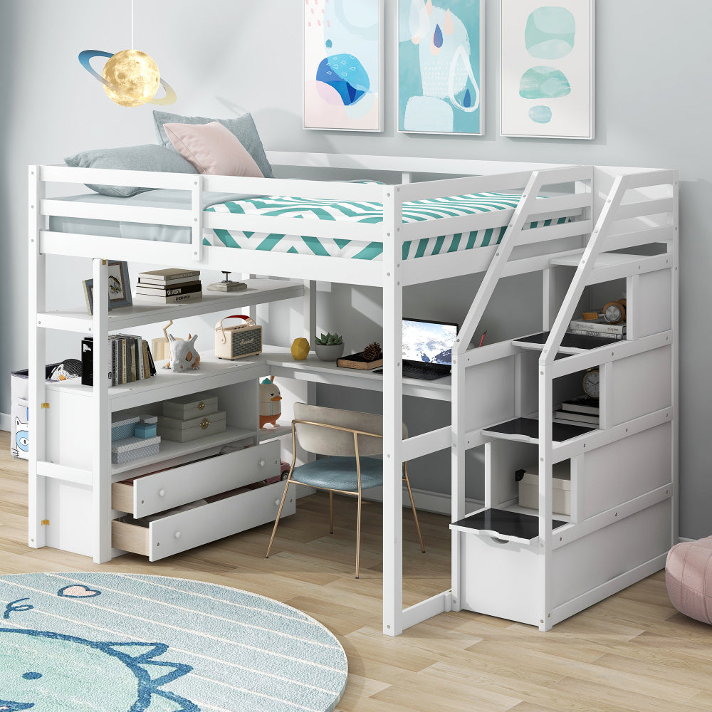 Twin Size Loft Bed with Desk & Drawer - Support Bed Frame with Shelves/Storage Ladder & Guardrail - Small Space Saving Furniture for Bedroom & Dorm