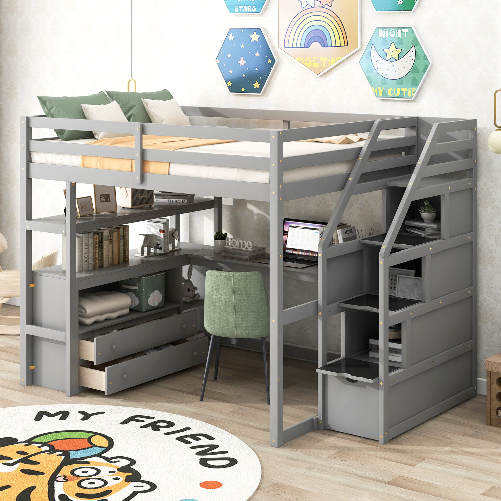 Twin Size Loft Bed with Desk & Drawer - Support Bed Frame with Shelves/Storage Ladder & Guardrail - Small Space Saving Furniture for Bedroom & Dorm