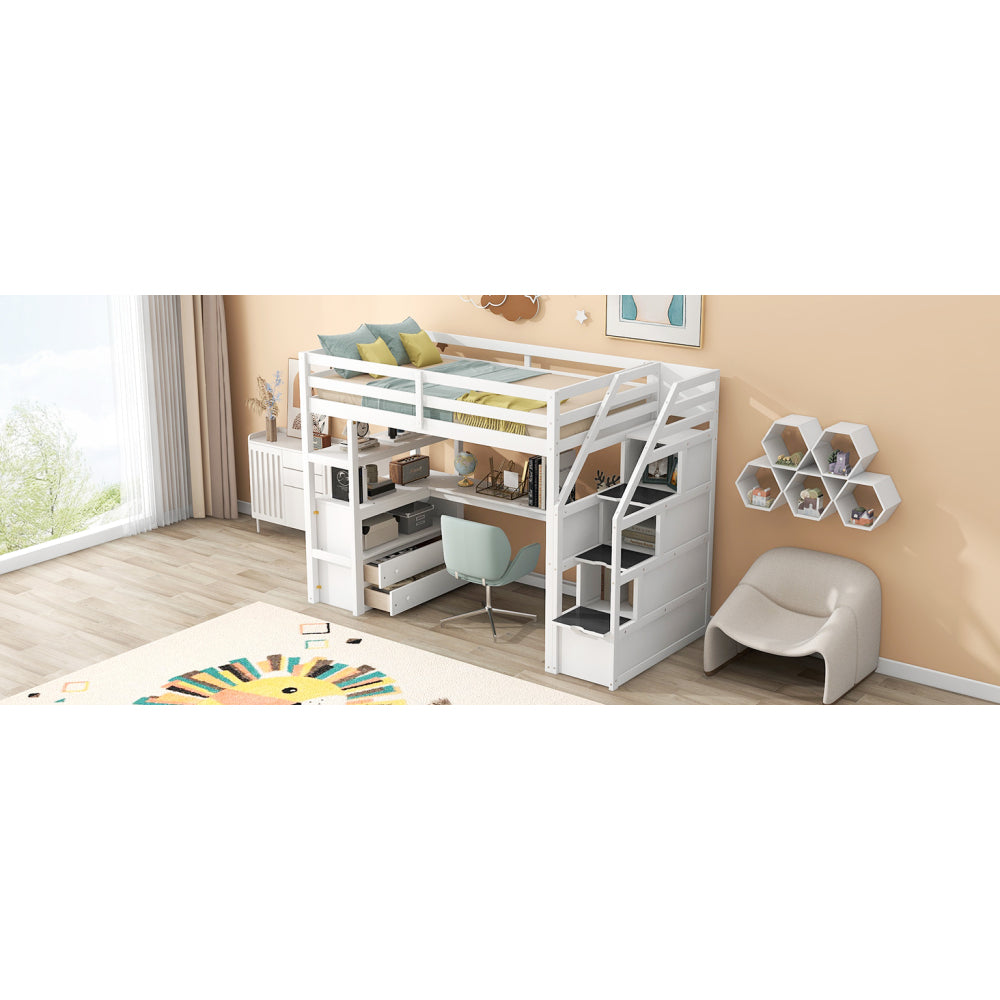 Twin Size Loft Bed with Desk & Drawer - Support Bed Frame with Shelves/Storage Ladder & Guardrail - Small Space Saving Furniture for Bedroom & Dorm