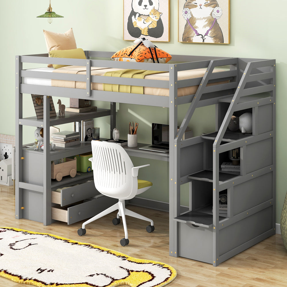 Twin Size Loft Bed with Desk & Drawer - Support Bed Frame with Shelves/Storage Ladder & Guardrail - Small Space Saving Furniture for Bedroom & Dorm