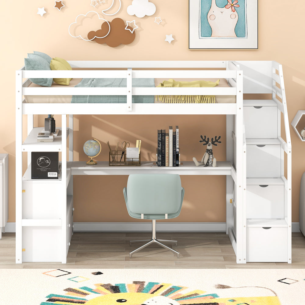 Twin Size Loft Bed with Desk & Drawer - Support Bed Frame with Shelves/Storage Ladder & Guardrail - Small Space Saving Furniture for Bedroom & Dorm