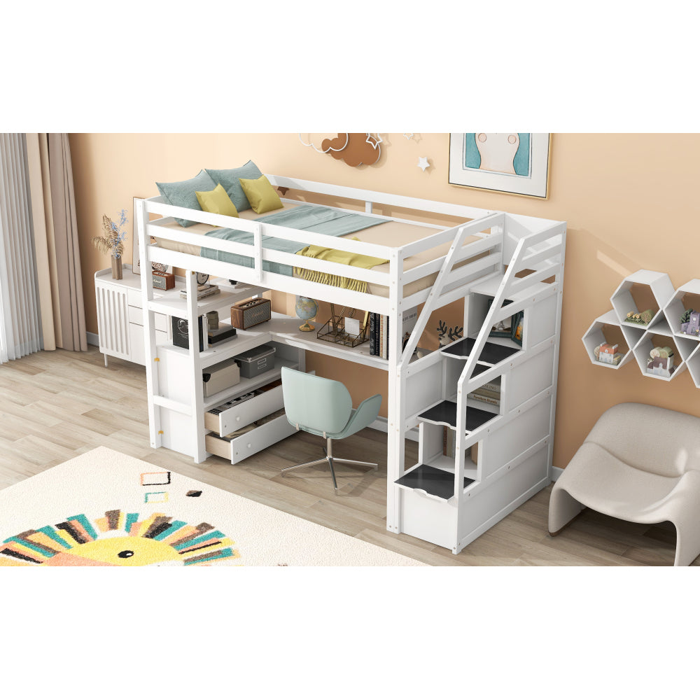 Twin Size Loft Bed with Desk & Drawer - Support Bed Frame with Shelves/Storage Ladder & Guardrail - Small Space Saving Furniture for Bedroom & Dorm