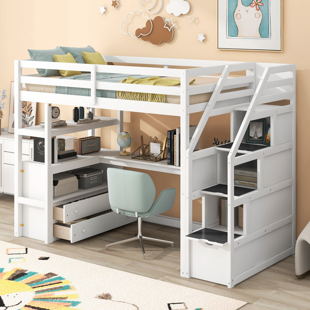 Twin Size Loft Bed with Desk & Drawer - Support Bed Frame with Shelves/Storage Ladder & Guardrail - Small Space Saving Furniture for Bedroom & Dorm