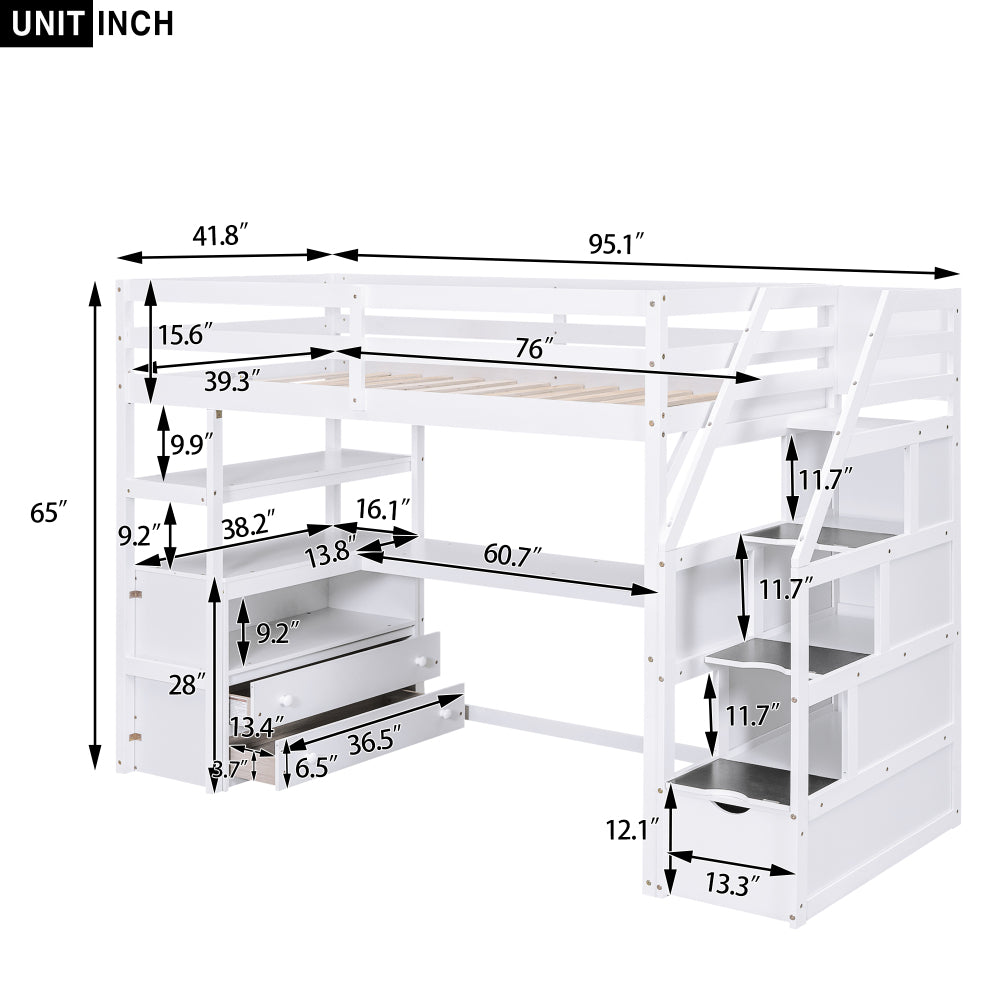 Twin Size Loft Bed with Desk & Drawer - Support Bed Frame with Shelves/Storage Ladder & Guardrail - Small Space Saving Furniture for Bedroom & Dorm