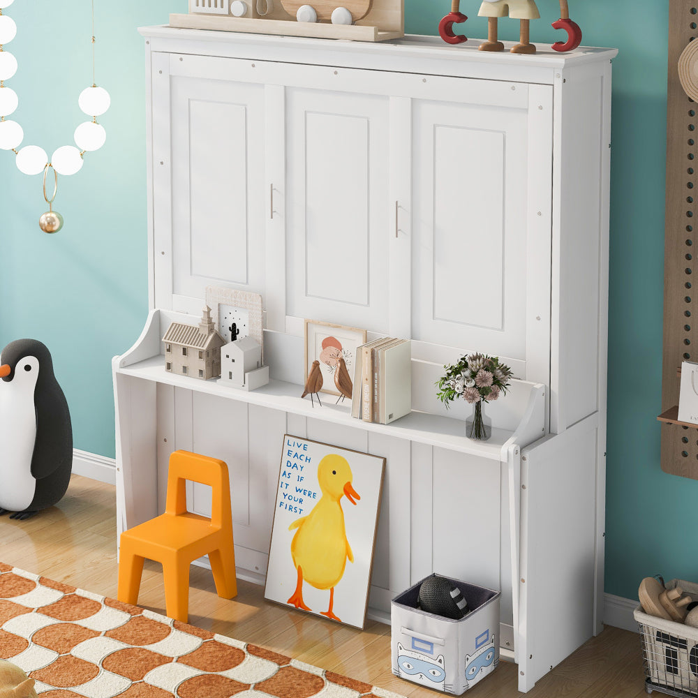 Queen Size Murphy Bed with Shelf/Storage - Solid Wood Bed Frame for Home Office & Studio & Guest Room & Bedroom