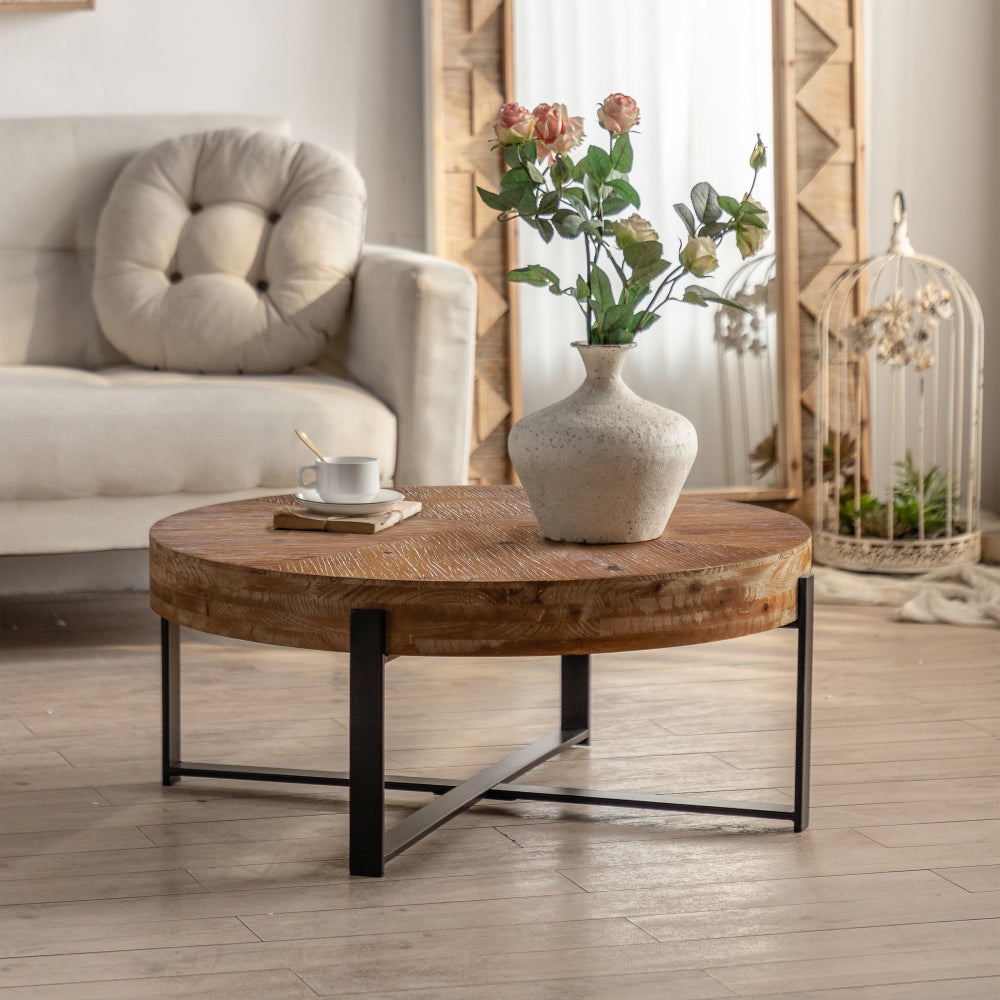 31" Modern Retro Splicing Round Coffee Table - Wood Table Top with Cross Legs Sturdy Base Tea Sofa Table - Accent Table for Living Room